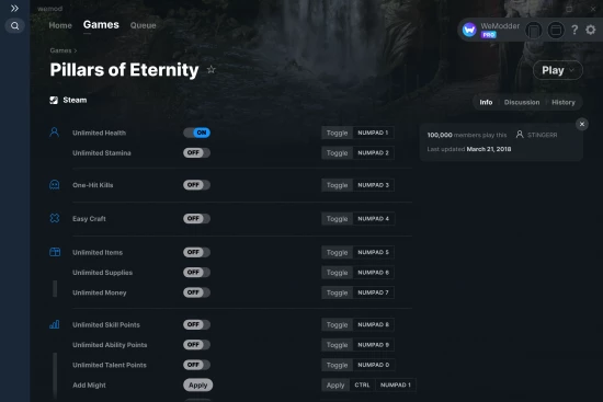 Pillars of Eternity cheats screenshot