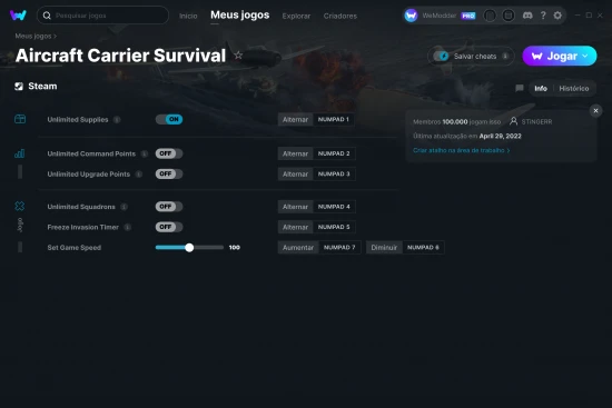Captura de tela de cheats do Aircraft Carrier Survival