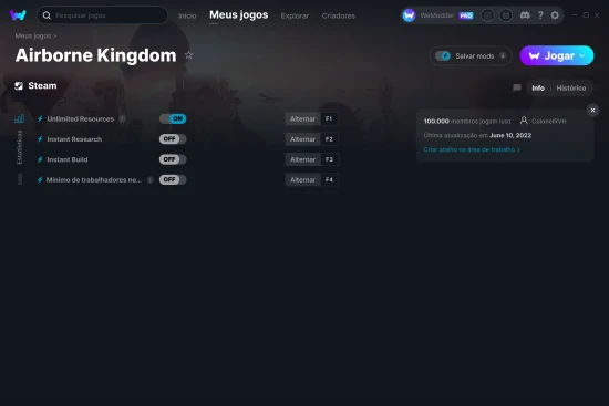 Captura de tela de cheats do Airborne Kingdom