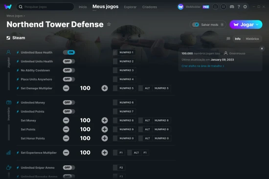 Captura de tela de cheats do Northend Tower Defense