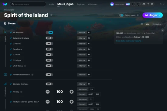 Captura de tela de cheats do Spirit of the Island