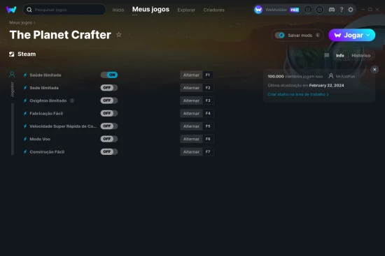Captura de tela de cheats do The Planet Crafter
