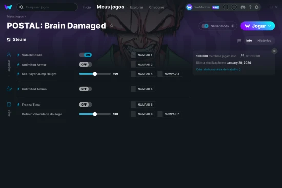 Captura de tela de cheats do POSTAL: Brain Damaged