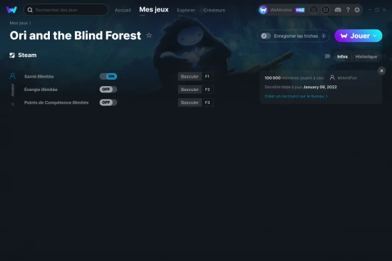 Capture d'écran de triches de Ori and the Blind Forest