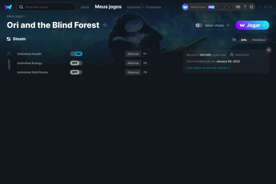 Captura de tela de cheats do Ori and the Blind Forest