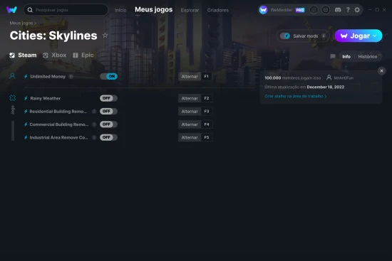 Captura de tela de cheats do Cities: Skylines