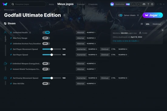 Captura de tela de cheats do Godfall Ultimate Edition
