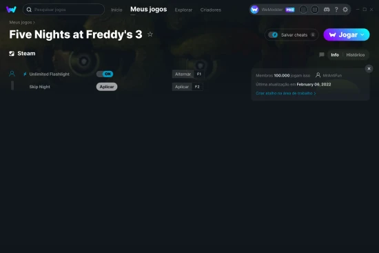 Captura de tela de cheats do Five Nights at Freddy's 3