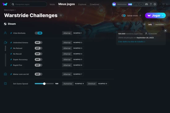 Captura de tela de cheats do Warstride Challenges