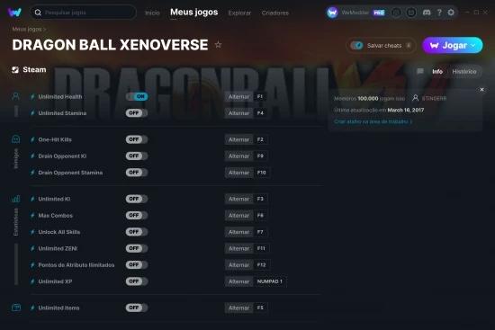 Captura de tela de cheats do DRAGON BALL XENOVERSE