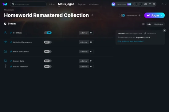 Captura de tela de cheats do Homeworld Remastered Collection