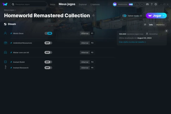 Captura de tela de cheats do Homeworld Remastered Collection