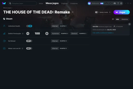 Captura de tela de cheats do THE HOUSE OF THE DEAD: Remake