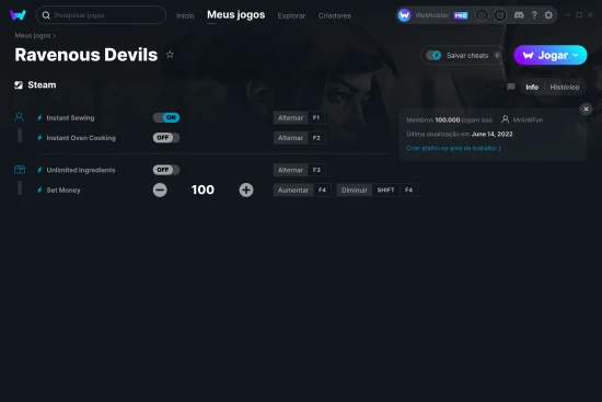 Captura de tela de cheats do Ravenous Devils