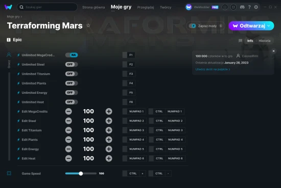 cheaty Terraforming Mars zrzut ekranu