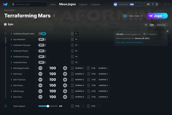 Captura de tela de cheats do Terraforming Mars