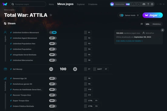 Captura de tela de cheats do Total War: ATTILA