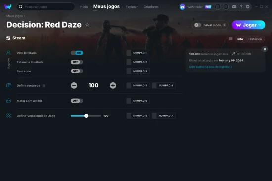 Captura de tela de cheats do Decision: Red Daze