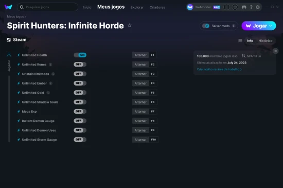 Captura de tela de cheats do Spirit Hunters: Infinite Horde