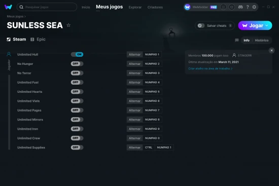 Captura de tela de cheats do SUNLESS SEA