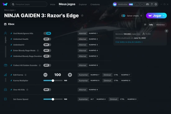 Captura de tela de cheats do NINJA GAIDEN 3: Razor's Edge