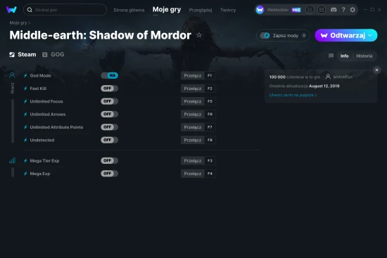 cheaty Middle-earth: Shadow of Mordor zrzut ekranu