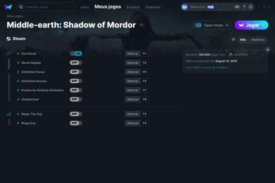 Captura de tela de cheats do Middle-earth: Shadow of Mordor