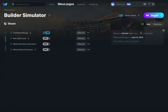 Captura de tela de cheats do Builder Simulator