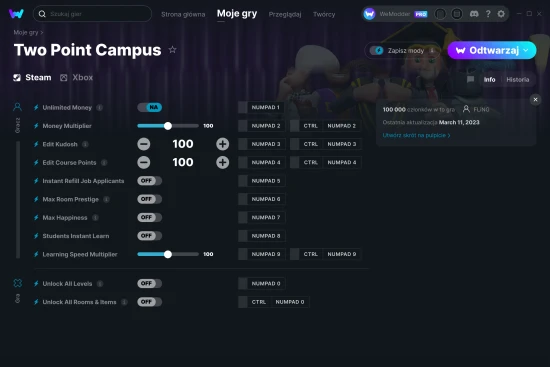 cheaty Two Point Campus zrzut ekranu