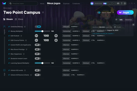 Captura de tela de cheats do Two Point Campus
