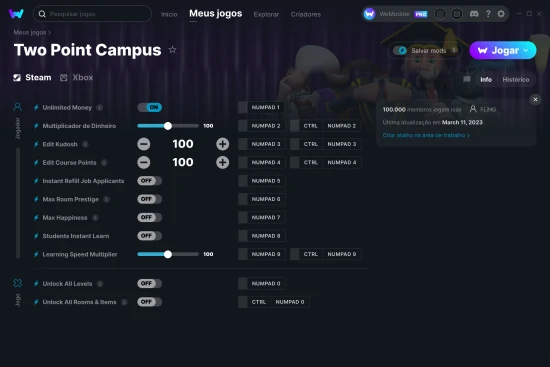 Captura de tela de cheats do Two Point Campus