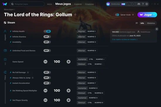 Captura de tela de cheats do The Lord of the Rings: Gollum