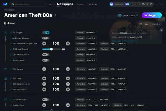 Captura de tela de cheats do American Theft 80s
