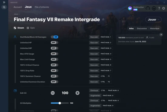 Capture d'écran de triches de Final Fantasy VII Remake Intergrade