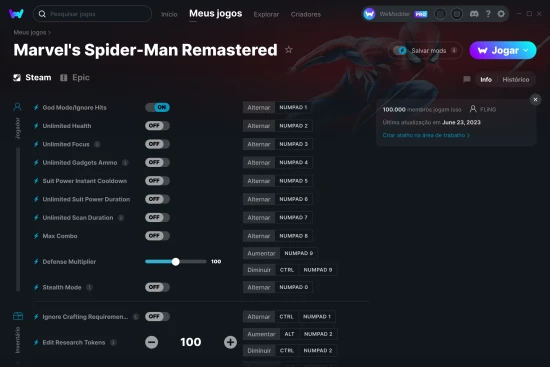 Captura de tela de cheats do Marvel's Spider-Man Remastered