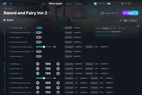 Captura de tela de cheats do Sword and Fairy Inn 2