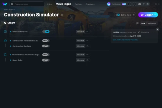 Captura de tela de cheats do Construction Simulator