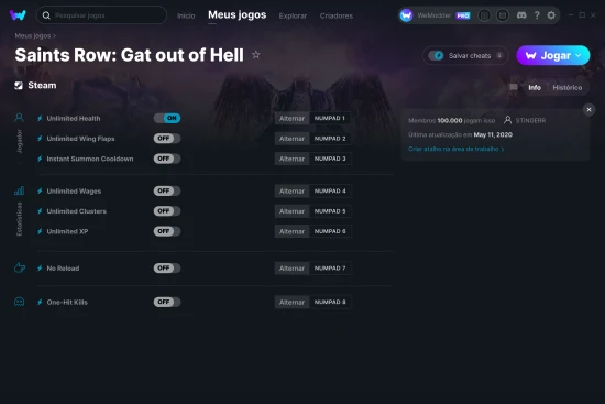 Captura de tela de cheats do Saints Row: Gat out of Hell