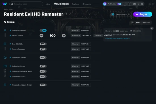 Captura de tela de cheats do Resident Evil HD Remaster