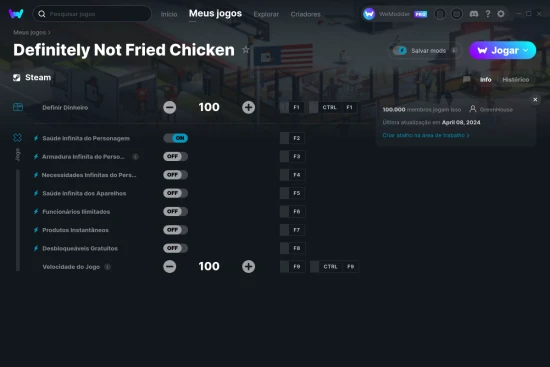 Captura de tela de cheats do Definitely Not Fried Chicken