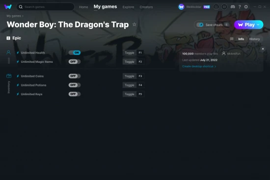 Wonder Boy: The Dragon's Trap cheats screenshot