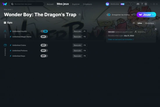 Capture d'écran de triches de Wonder Boy: The Dragon's Trap