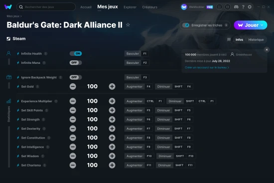 Capture d'écran de triches de Baldur's Gate: Dark Alliance II