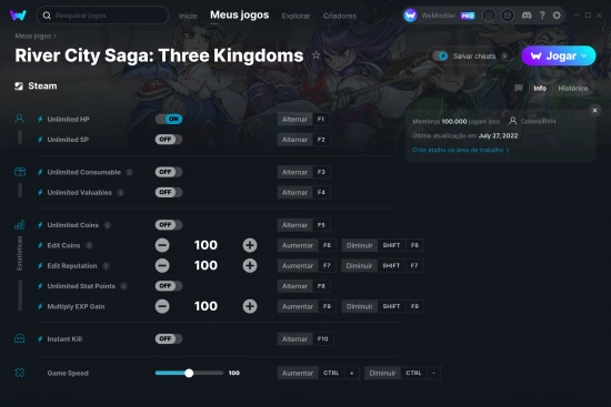 Captura de tela de cheats do River City Saga: Three Kingdoms