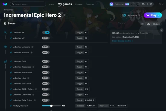Incremental Epic Hero 2 cheats screenshot