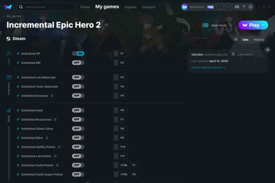 Incremental Epic Hero 2 cheats screenshot