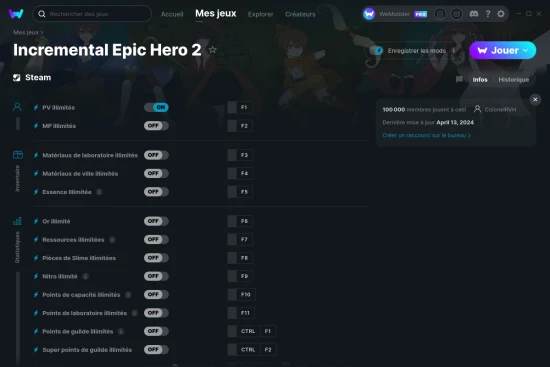 Capture d'écran de triches de Incremental Epic Hero 2