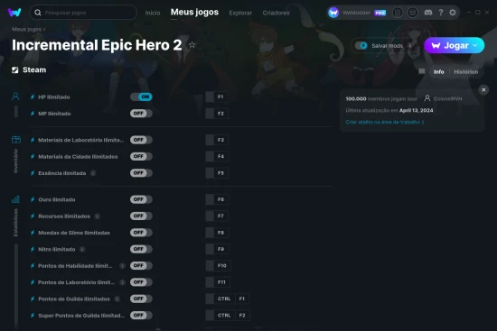 Captura de tela de cheats do Incremental Epic Hero 2