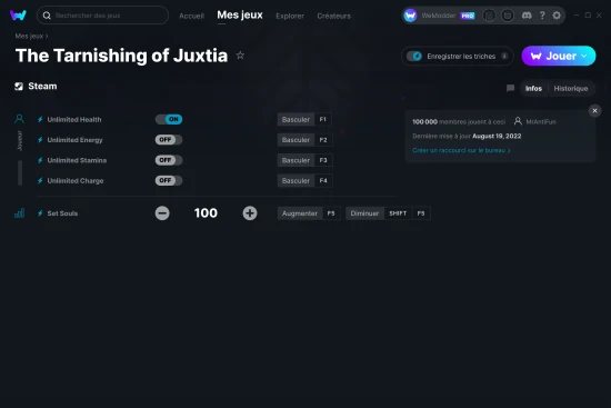 Capture d'écran de triches de The Tarnishing of Juxtia