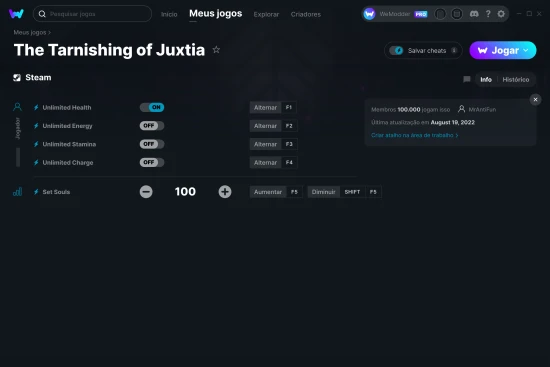 Captura de tela de cheats do The Tarnishing of Juxtia